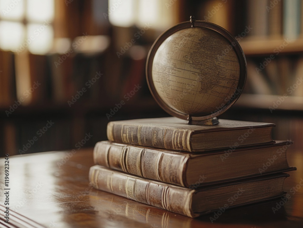 Poster stack of books with a globe on top. the books are old and the globe is made of wood