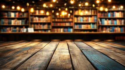 Closeup of a wooden table with a blurred background of a filled bookshelf, cozy reading nook with warm tones