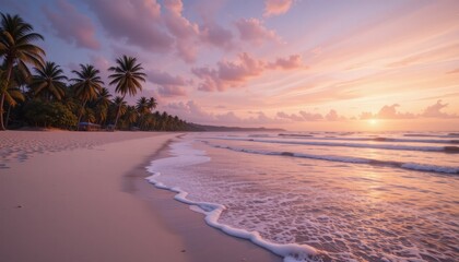 Serene Tropical Sunset Beach Paradise: Palm Trees, Pink Sky, Ocean Waves