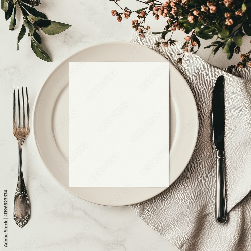 Poster elegant dining setup with blank paper for custom invitations or menus placed on a stylish plate. gen