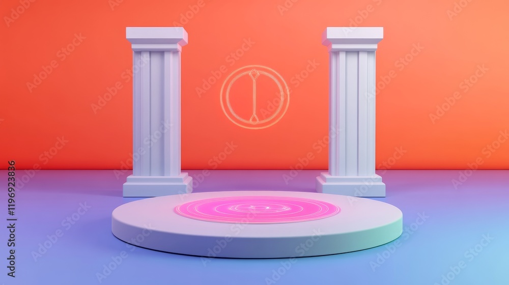 Aufkleber a modern digital display featuring two white columns and a circular platform, set against a vibrant 