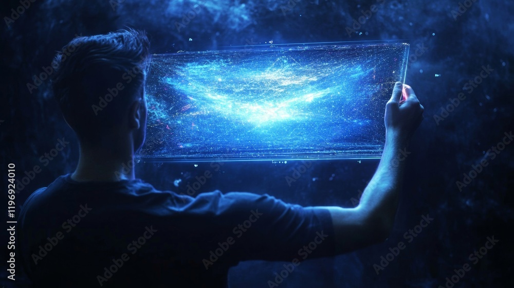 Poster man with futuristic digital tablet on a project, generative ai
