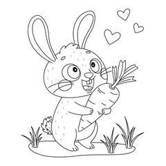 Cute rabbit holding carrot doodle style. Hand drawn bunny coloring page. love carrot Pet character