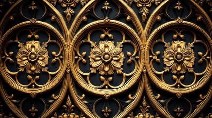 Intricate Golden Floral Metalwork Pattern on Dark Background