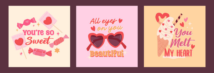 Collection of  Sweet Love Season and Valentines typography quote of candy, sun glass and ice cream vector illustration