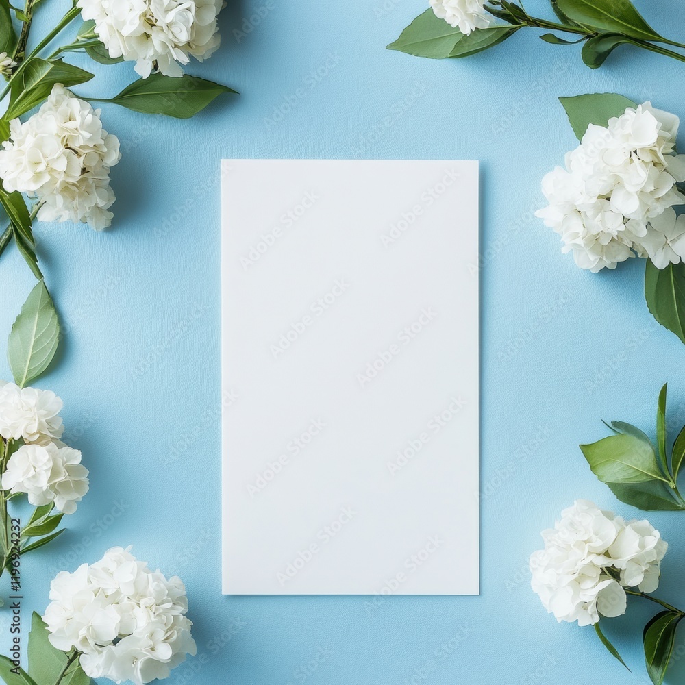 Aufkleber blank card surrounded by white flowers on a light blue background for customizable text or messages.