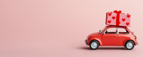 Fototapeta premium A vibrant red toy car carries a pink gift box adorned with hearts, set against a soft pink background, symbolizing love and celebration.