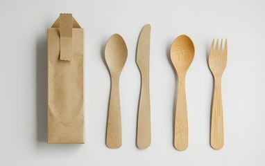 Biodegradable cutlery mockup isolated on white background. Compostable, eco friendly materials concept, conscious, sustainable, organic, natural, green, renewable, environmentally safe, decomposable