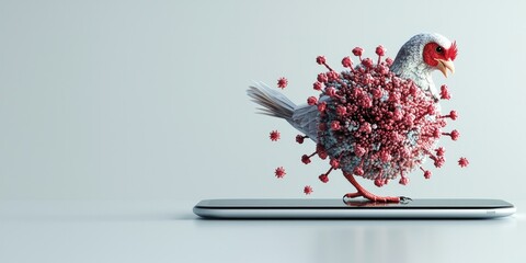 Avian Flu monitoring concept. A surreal image depicting a bird emerging from a smartphone, with a colorful, virus-like structure surrounding it.
