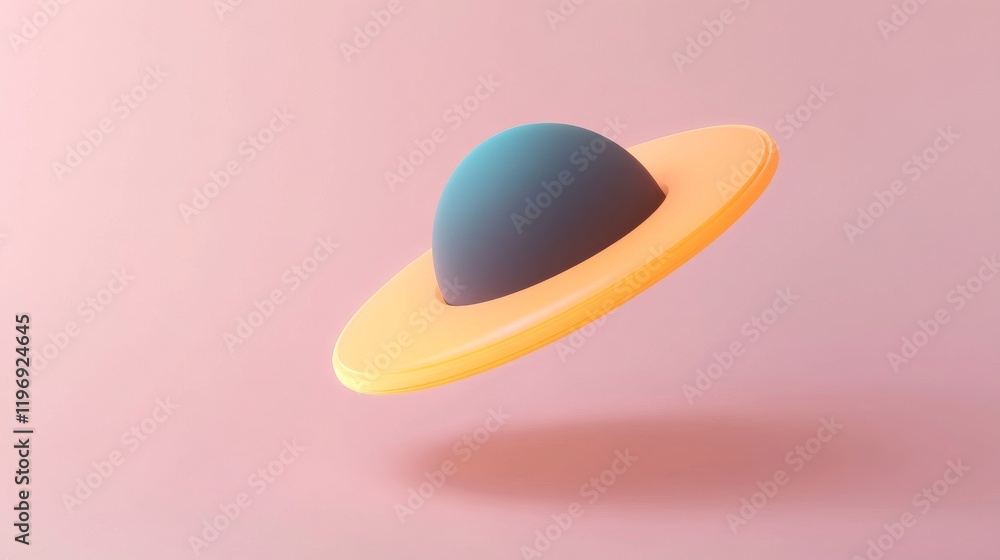 Poster a 3d rendering of a stylized planet with a blue sphere and an orange ring, set against a soft pink b