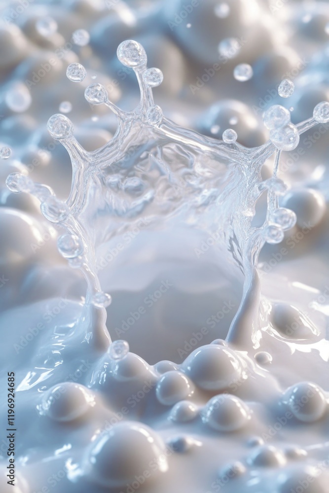 Poster water drops in a pool of milk, creating an intricate network of bubbles. close-up photograph capture