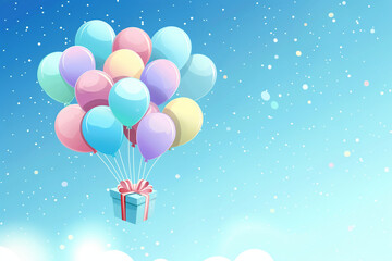 Obraz premium Children's Day card with a bunch of flying balloons and a gift box on a blue sky background. Happy Birthday and Happy Valentine's Day greetings. Gift box, balloons on a blue isolated background.