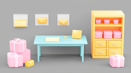 Fototapeta premium A colorful miniature workspace scene featuring a desk, storage unit, and various gift boxes.