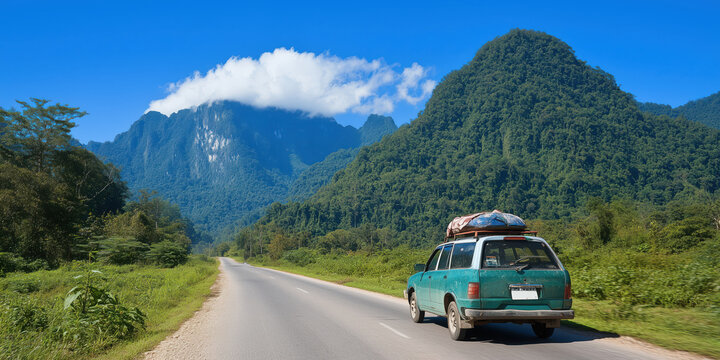 car with open trunk on scenic road surrounded by lush green mountains