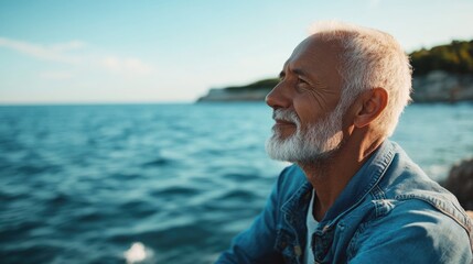 Elderly man with white hair, beard and mustache, sitting alone by the seaside gazing at the ocean waters.