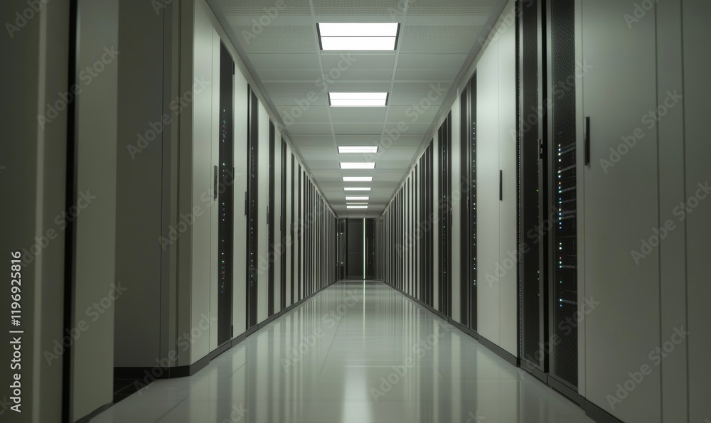 Poster shot of corridor in working data center full of rack servers and supercomputers with internet connec