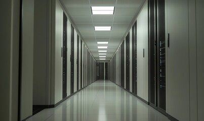 Shot of Corridor in Working Data Center Full of Rack Servers and Supercomputers with Internet connection Visualisation Projection, Generative AI