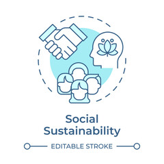 Social sustainability soft blue concept icon. Equal society, community. Teamwork, partnership. Round shape line illustration. Abstract idea. Graphic design. Easy to use in infographic