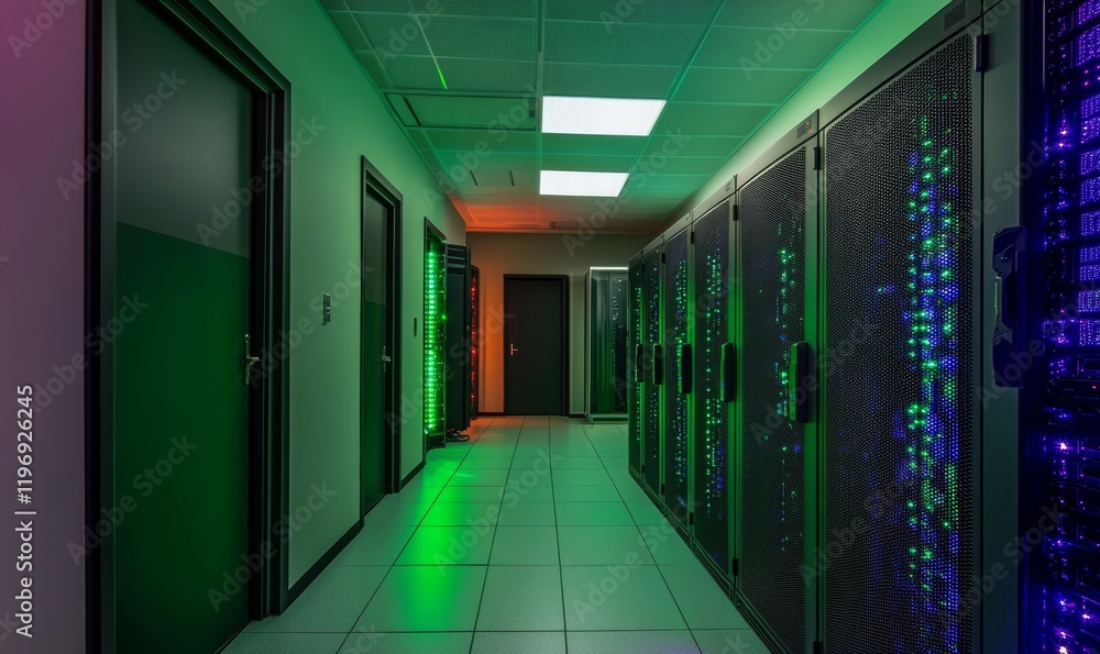 Poster shot of corridor in working data center full of rack servers and supercomputers with internet connec