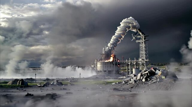 Smoke and fire rising from the Chernobyl nuclear power plant in Ukraine after the catastrophic explosion, causing widespread environmental damage and human tragedy