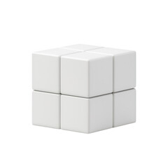 A clean, minimalist white cube reflecting on a smooth surface., isolated on a transparent background.