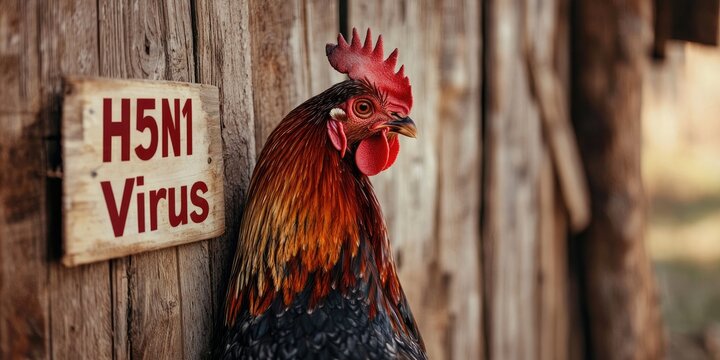 Avian Flu monitoring concept. A rooster stands beside a sign reading "H5N1 Virus," highlighting the avian influenza virus's impact on poultry.