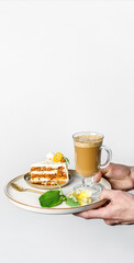 Elegant Carrot Cake Slice with Latte on a Styled Tray