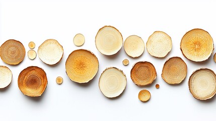 Wooden slices arranged in a row on white background.
