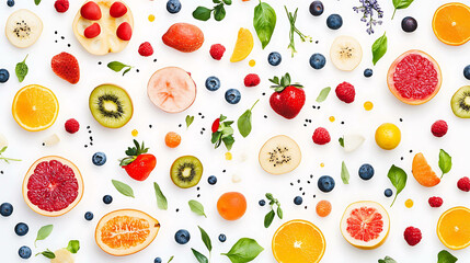 Healthy food flat-lay featuring fresh fruits, vegetables, and smoothie bowls