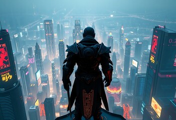 Cyberpunk Warrior Surveys Futuristic Cityscape Neon Lights