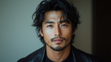 Portrait of confident young man with goatee and leather jacket