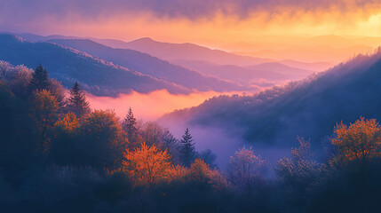 Mountain landscape during sunrise with mist and glowing light