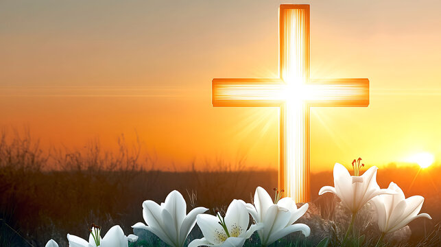 Serene sunrise illuminates a radiant cross, surrounded by delicate white lilies.  Perfect for Easter, religious, or inspirational themes.  Highquality image ideal for websites, cards, and more.