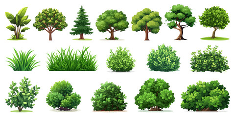 Fototapeta premium Cartoon tree and bush png cut out element set, transparent background