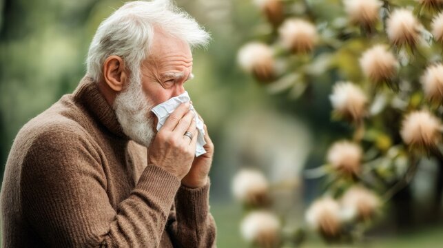 Senior man blowing nose suffering from pollen allergy in blooming garden