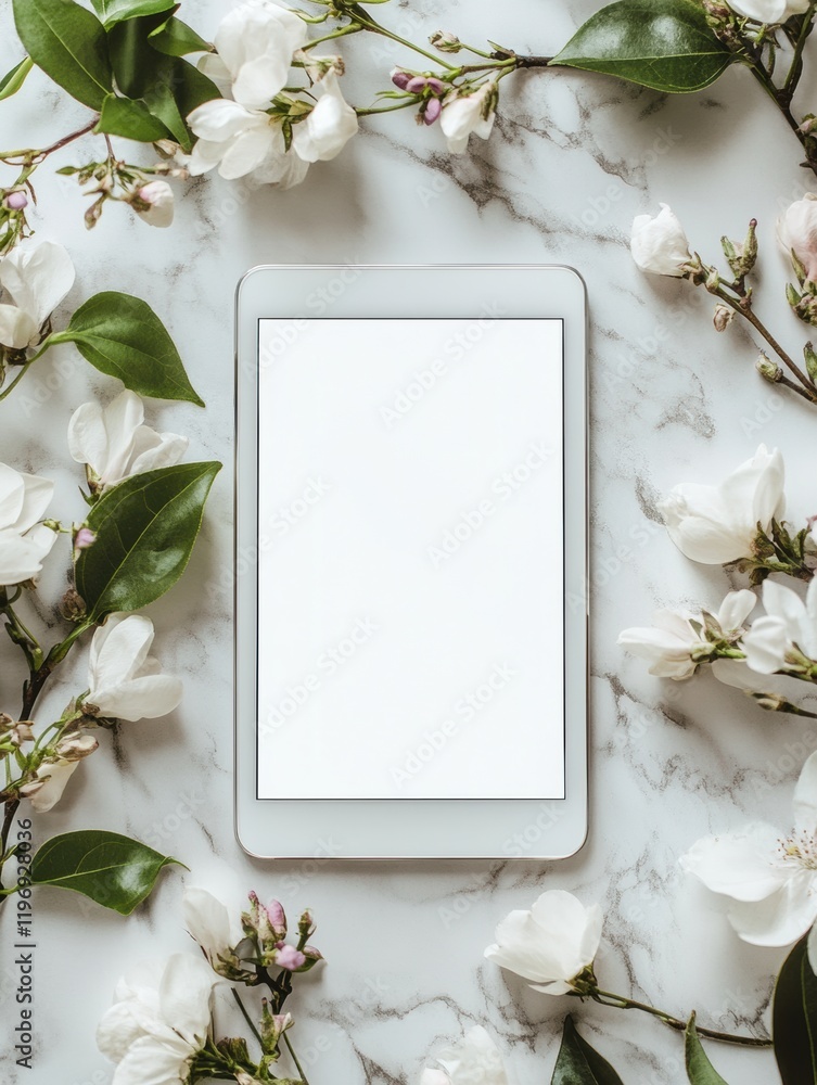 Poster mock up space for text surrounded by white flowers on elegant marble background. generative ai