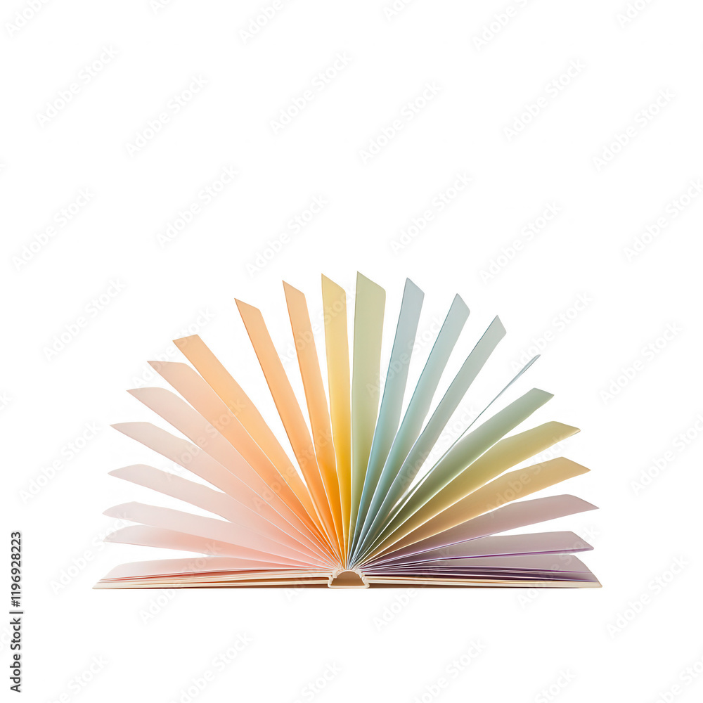 Poster a colorful open book with vibrant pages displaying a spectrum of colors., isolated on a transparent 