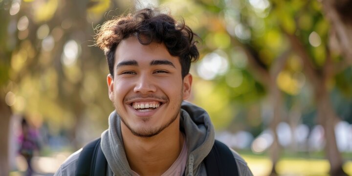 A young male with a beard, smiling brightly outside. He is wearing a gray hoodie and carrying a black backpack.