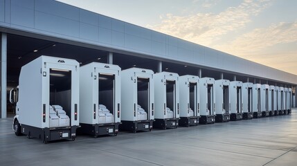 Obraz premium White Cargo Trucks Parked in Front of Industrial Warehouse at Sunset, Open Doors, Empty Cargo Boxes, Logistics Innovation, Commercial Transport, Serene Atmosphere
