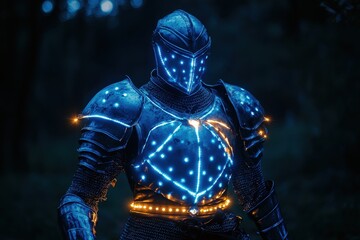 Fototapeta premium Knight in illuminated armor stands in a dark forest, showcasing an artistic light display