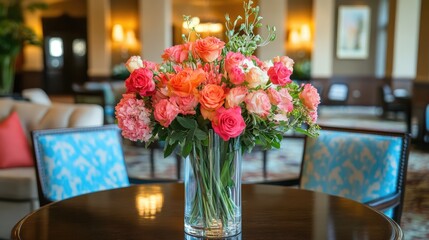 Obraz premium A bright and welcoming reception area with a floral centerpiece in a glass vase.