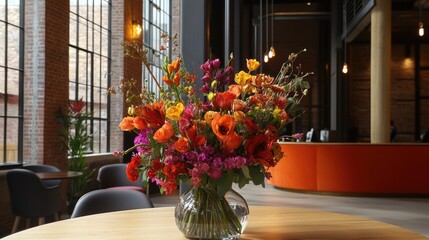 Fototapeta premium A bright and welcoming reception area with a floral centerpiece in a glass vase.