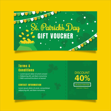 St patricks day gift voucher template with discount offer in green festive vector design