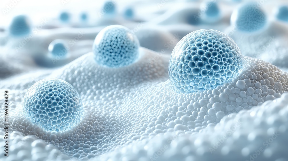 Aufkleber close-up view of water droplets on smooth surface with small spheres, capturing the essence of fluid