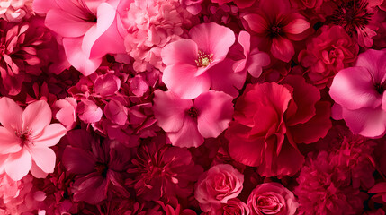 Vibrant pink and red flower arrangement, close-up shot showcasing diverse blooms. Perfect for Valentine's Day, wedding, or floral designs.