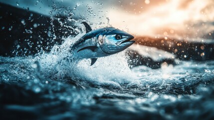 Fototapeta premium Tuna Fish Leaping Out of Water, Dynamic Motion, Vibrant Action, Marine Life, Nature's Power, Aquatic Energy