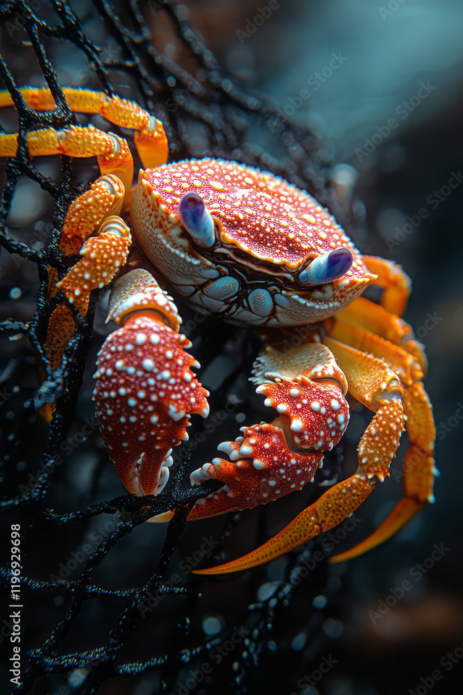 Poster close-up of a crab entangled in a black net, with shimmering water creating a vivid backdrop, highli