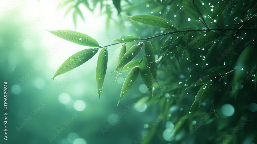 Poster ethereal bamboo leaves visible through a misty glass, with soft light filtering through creating a d