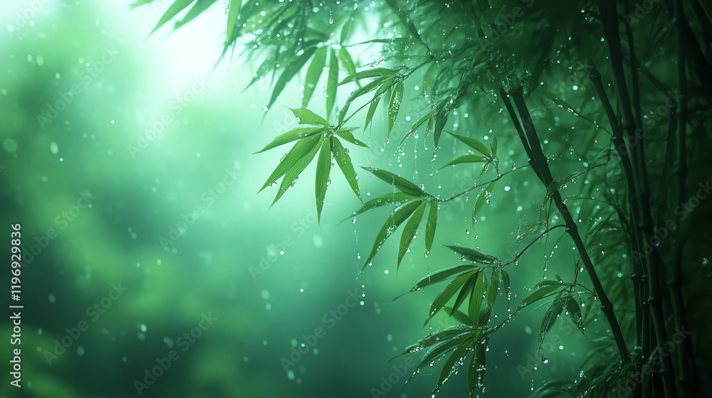 Poster ethereal bamboo leaves visible through a misty glass, with soft light filtering through creating a d