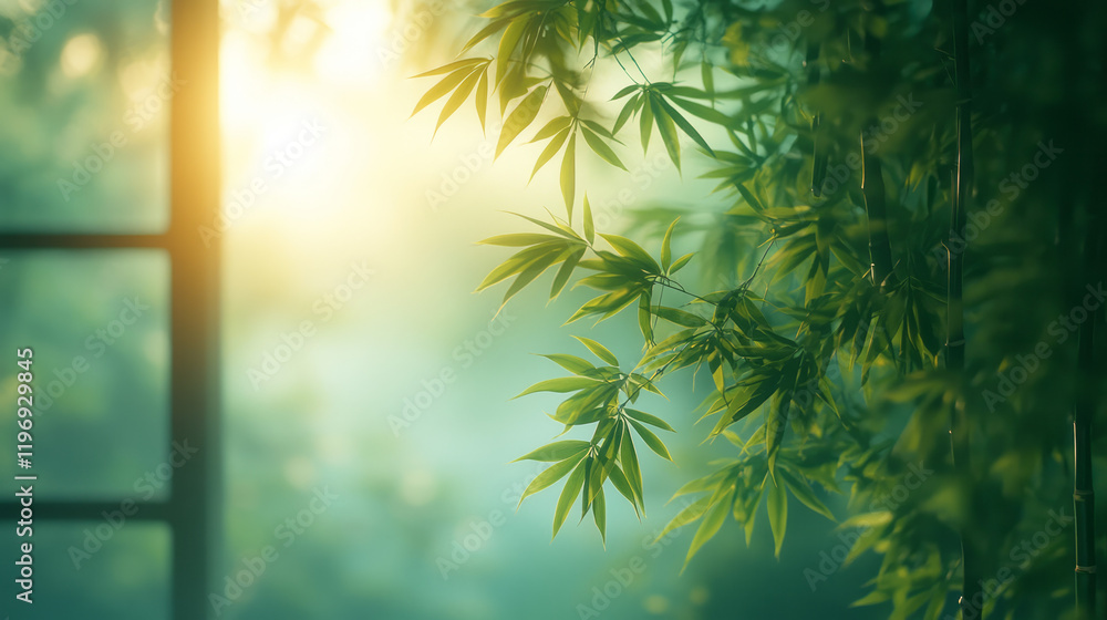 Poster ethereal bamboo leaves visible through a misty glass, with soft light filtering through creating a d